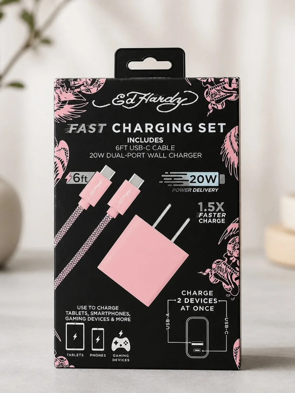 Ed Hardy Pink 20W Fast Charger Set 6ft USB-C Cable New